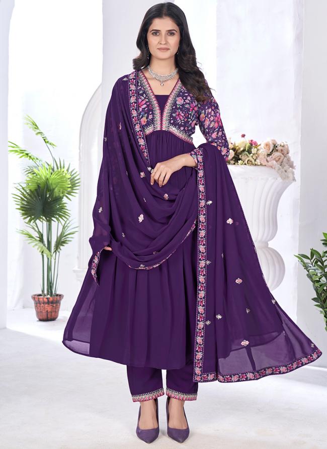 Georgette Purple Party Wear Embroidery Work Readymade Anarkali Suit